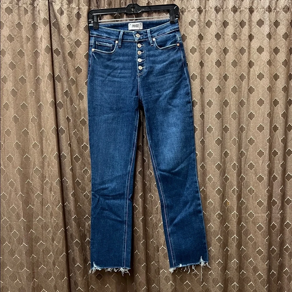 PAIGE High Rise Button-Fly Jeans in Dark Blue - Picture 1 of 14